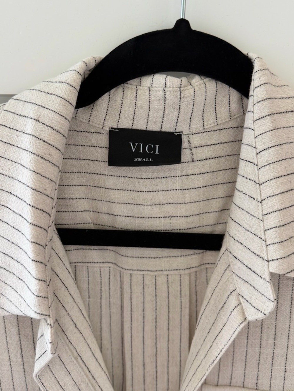 Vici Cream Pinstripe Shirt Dress with Collar and Waist Tie - Picture 2 of 4
